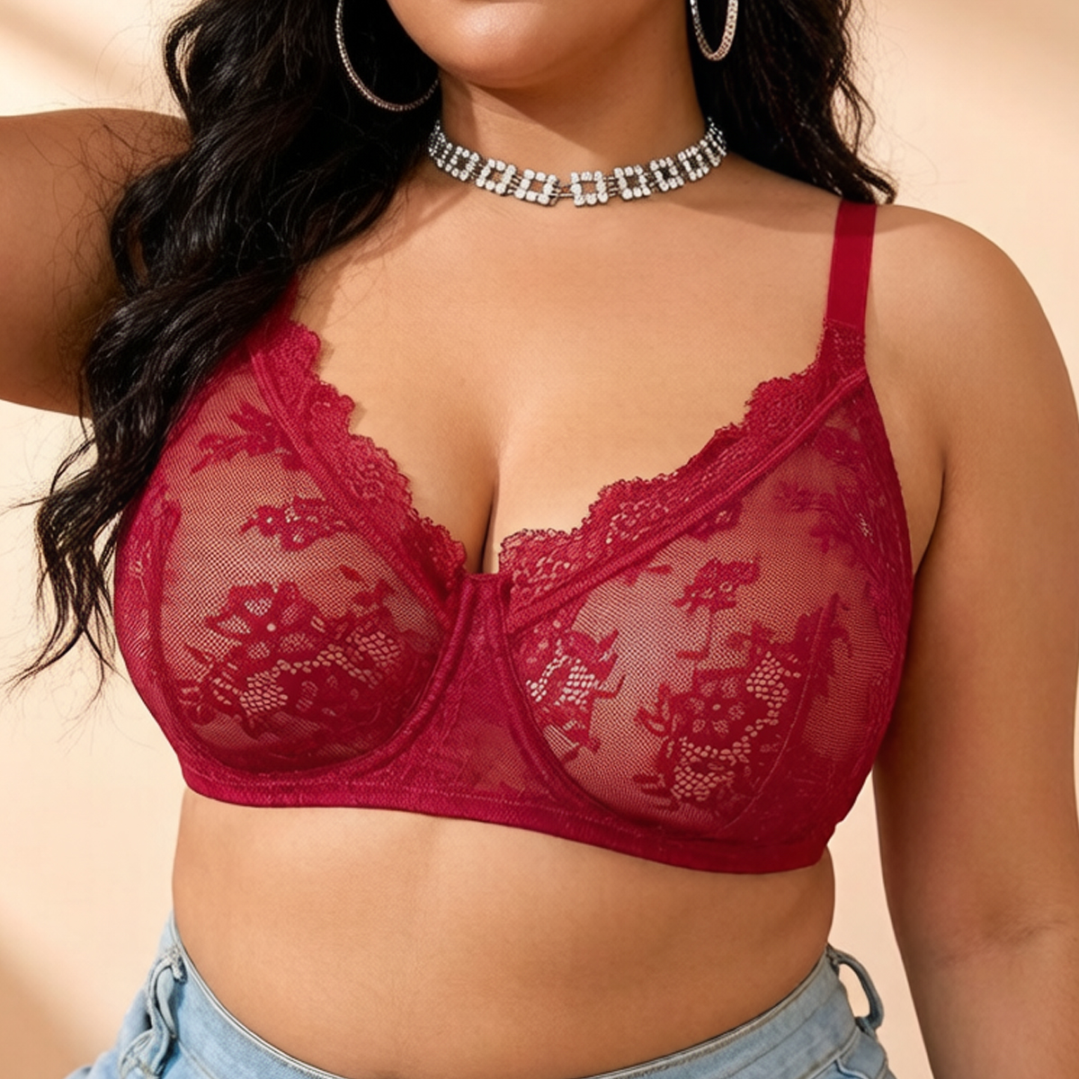 Sheer Mesh Bra - Kadınlar için Büyük Beden Kırmızı Dantel