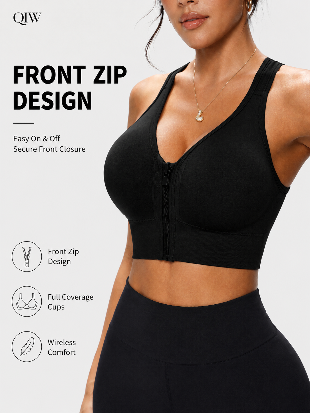 Underwire Bra Padded - QIW Kadın Fermuarlı Tek Renk Spor