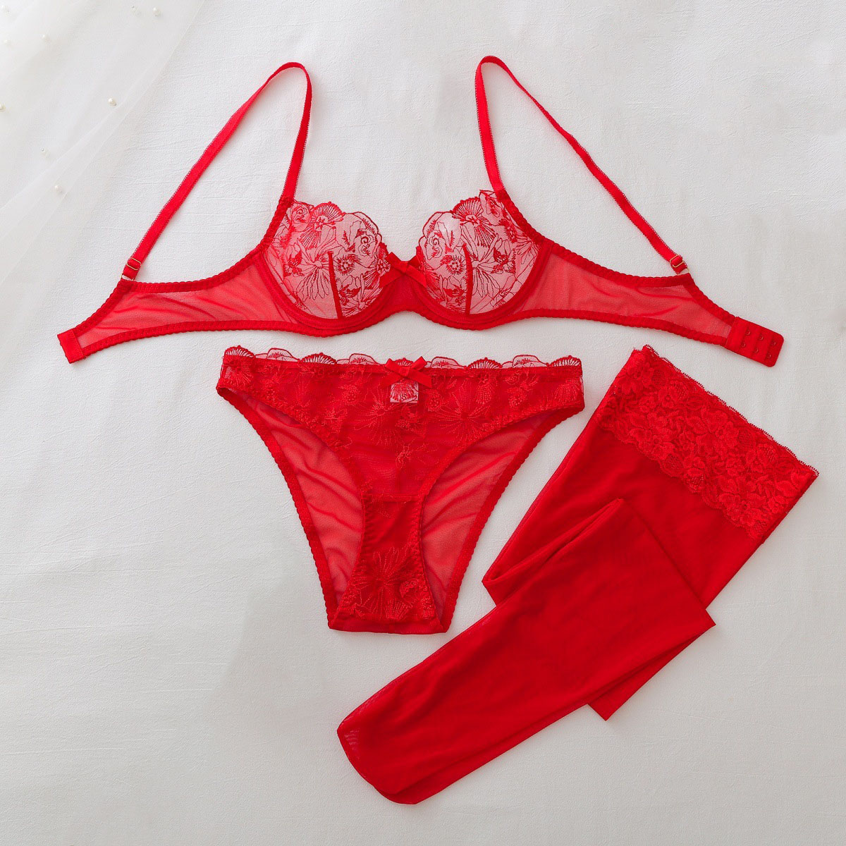 Sheer Mesh Bra - Şeffaf File Erotik Set Kadın Kırmızı