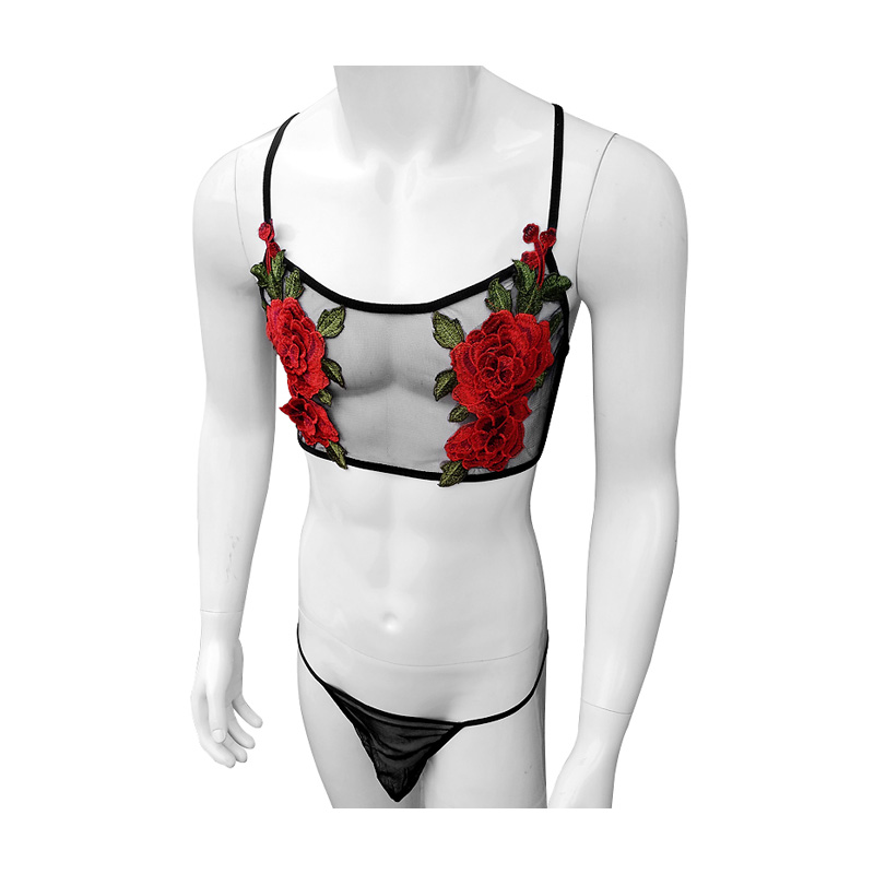 Sheer Mesh Bra - Seksi Nakış Erkek Şeffaf Örgü Dantel