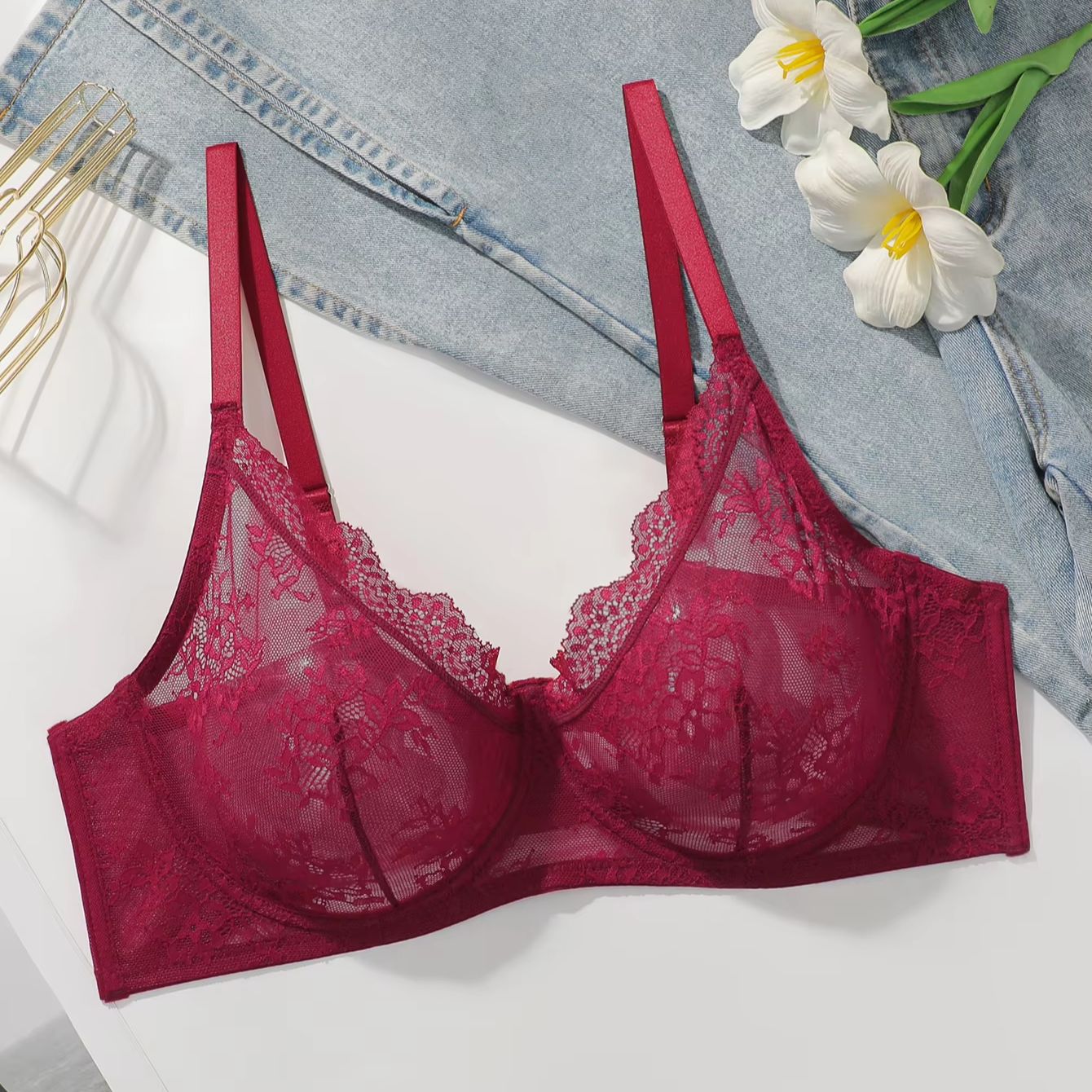 Kadınlar için Büyük Beden Kırm - Sheer Mesh Bra incelemesi ve fiyatı